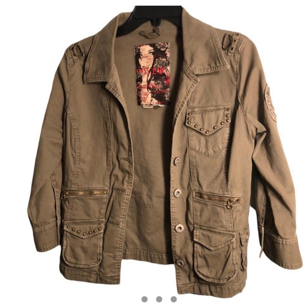 Guess army green jacket with graphic back m, button down, relaxed size medium